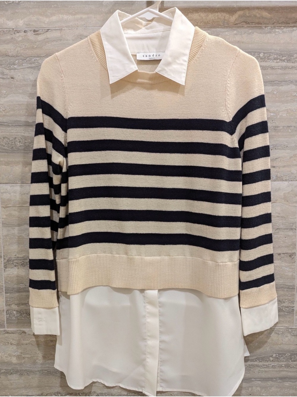 Sandro Black & Cream Striped Layered Look Crewneck Sweater